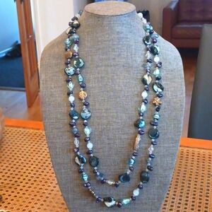 Breathtaking Blue Foil Glass and Pearl Necklace Mermaidcore - Pre-loved (66")
